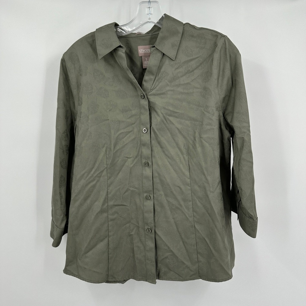 Chicos Womens Minimalist Top Sz 1 US M Jacquard Wrinkle Resistant Capsule Earthy